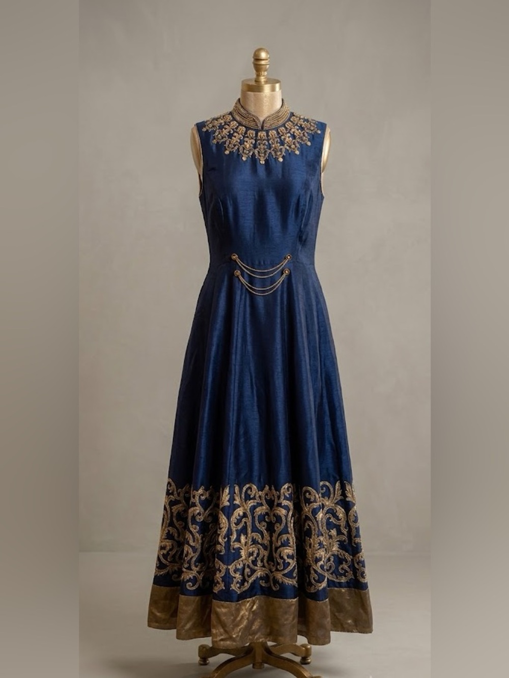 Karishma Dupioni Silk Anarkali Blue Gold Embroidered Dress